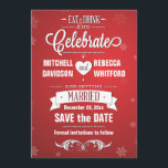 Save The Date Mangez Boire et Célébrez l'hiver Rouge Sauvez la d<br><div class="desc">Aimeriez-vous ce design dans différentes couleurs ou avec un autre arrière - plan ? Contactez-nous par l'intermédiaire de notre magasin WeddingBazaar et nous serons heureux de vous aider. Annoncez votre date de mariage d'hiver à votre famille et à vos amis avec cette annonce de la date avec le thème Manger,...</div>