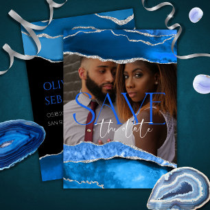 Save The Date Marble Agate Royal blue Photo Mariage