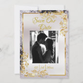 Save The Date Marble & White, Gold Frame, Silver Heart (Devant)