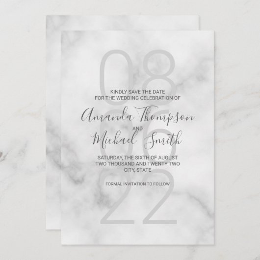 Save The Date Marbre blanc classique Mariage de script moderne (Devant / Derrière)