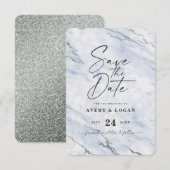 Save The Date Marbre bleu clair chic avec Parties scintillant ar (Devant / Derrière)