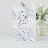 Save The Date Marbre bleu clair chic avec Parties scintillant ar (Debout devant)
