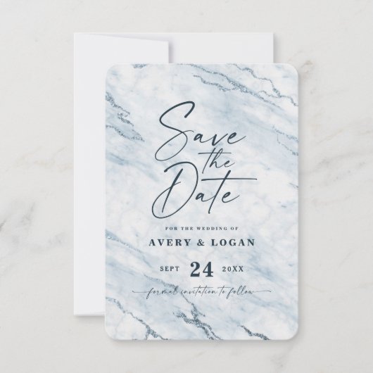 Save The Date Marbre clair de lune chic avec huile bleu Dusty Dé (Devant)