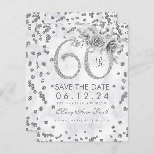 Save The Date Marbre glam en argent 60e anniversaire (Devant / Derrière)