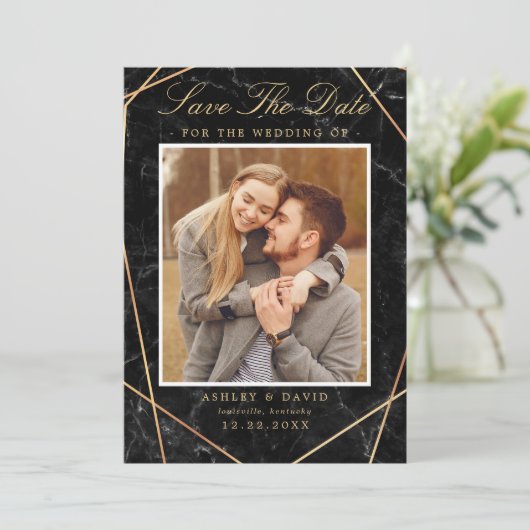 Save The Date Marbre Noir Or Photo Géométrique Enregistrer La Da (Debout devant)