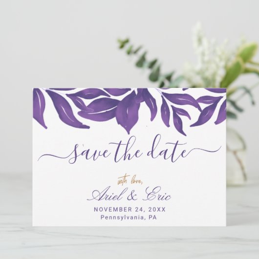 Save The Date Marbre Pourpre & Eucalyptus Doré Mariage Élégant (Debout devant)
