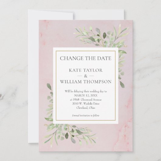 Save The Date Marbre rose Changer la date Verdure Feuille (Devant)
