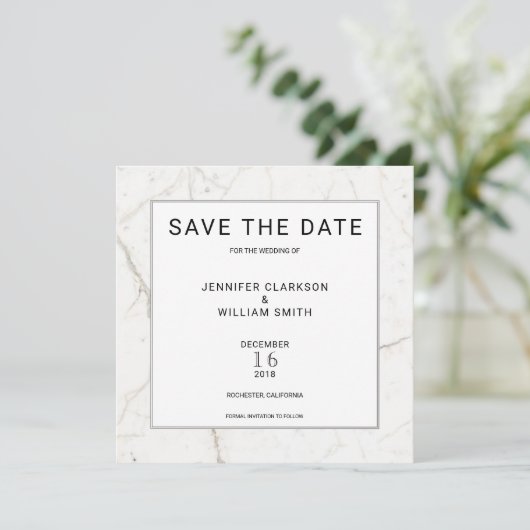 Save The Date Marbre simple moderne blanc Mariage Enregistrer la (Debout devant)