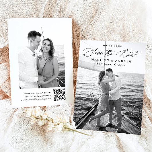 Save The Date Mariage 2 Photo QR Code Calligraphie Élégante Mode