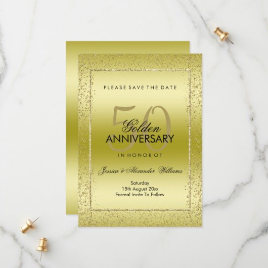 Save The Date Mariage 50 ans Stylé Confetti Or  (Devant/Arrière en situation)