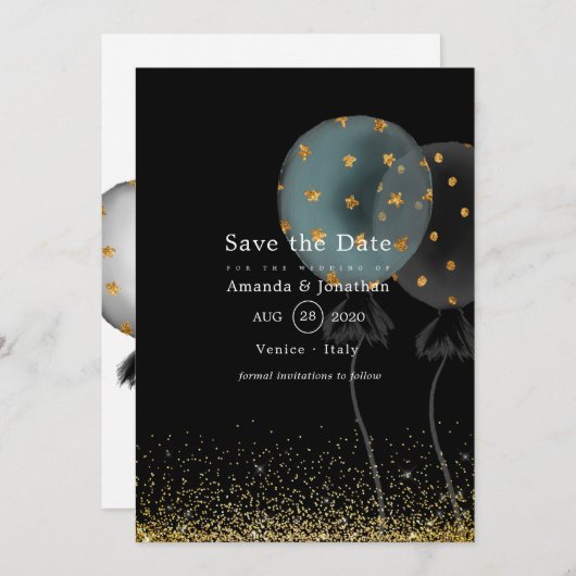 Save The Date Mariage à ballets Parties scintillant noir et or (Devant / Derrière)