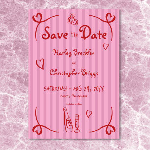 Save The Date Mariage à bande rouge rose blanc à main rétro