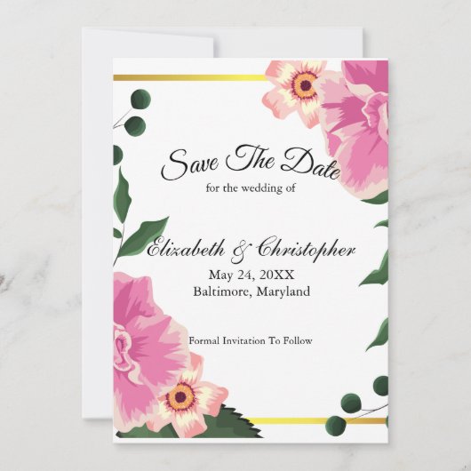 Save The Date Mariage à bordure dorée florale verte rose (Devant)