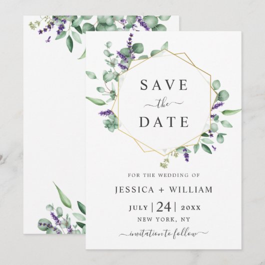 Save The Date Mariage à cadre géométrique lavande eucalyptus mod (Devant / Derrière)