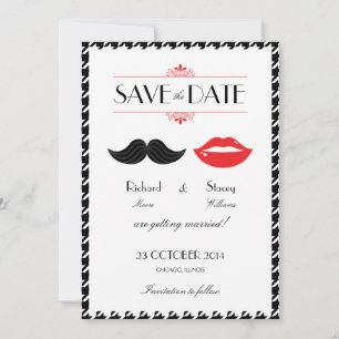 Save The Date Mariage à carreaux avec moustache et lèvres rouges
