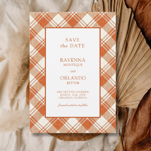 Save The Date Mariage à carreaux Gingham Orange Rustique Atténué
