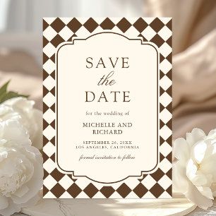Save The Date Mariage à carreaux marron ivoire d'argent vintage