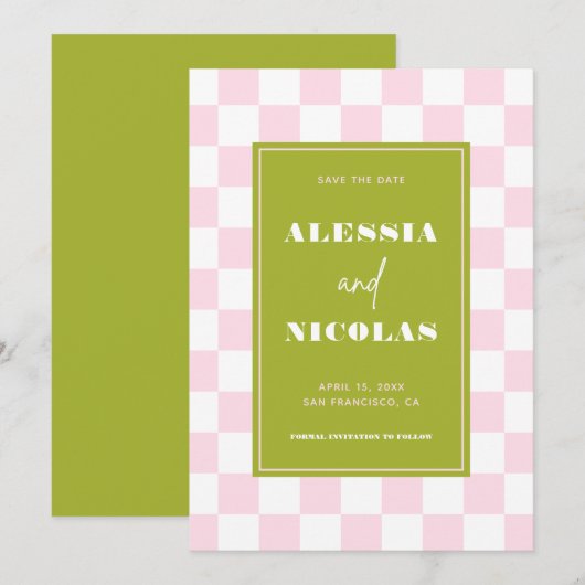 Save The Date Mariage à carreaux rose et vert Retro Fun (Devant / Derrière)
