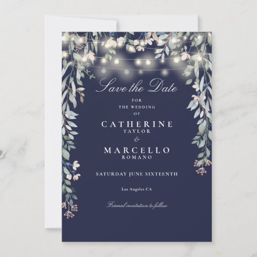 Save The Date Mariage à cordes florale bleu marine (Devant)