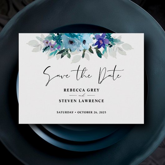 Save The Date Mariage à fleurs bleu pourpre et somptueux