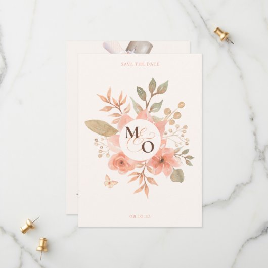 Save The Date Mariage à fleurs de pêche rose (Devant/Arrière en situation)