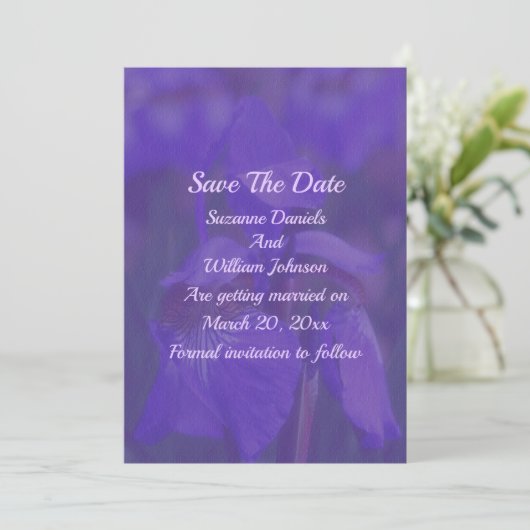 Save The Date Mariage à fleurs Iris violet (Debout devant)