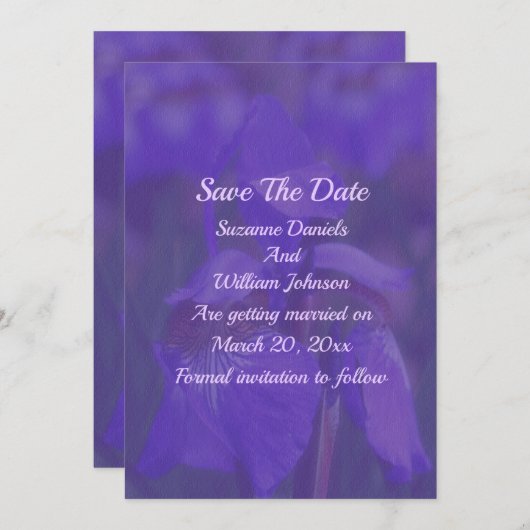 Save The Date Mariage à fleurs Iris violet (Devant / Derrière)
