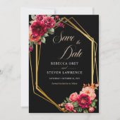 Save The Date Mariage à fleurs noir rouge chic (Devant)