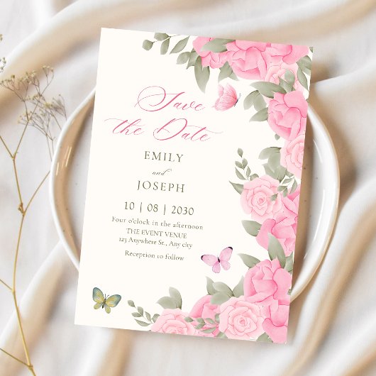 Save The Date Mariage à fleurs roses