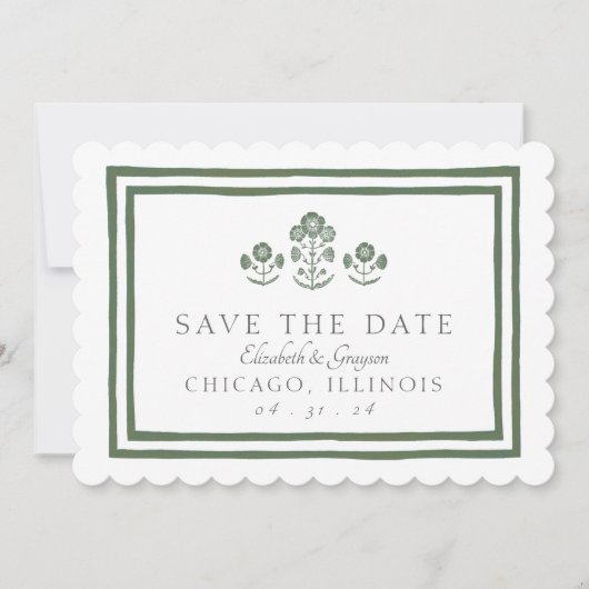 Save The Date Mariage à Impression Botanique Verte et Blanche (Devant)