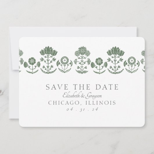 Save The Date Mariage à impression botanique verte et blanche (Devant)