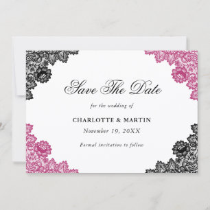 Save The Date Mariage à la dentelle florale rose chaud et noir