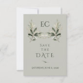 Save The Date Mariage à la Monogramme de Branche d'Olivier Vert (Devant)