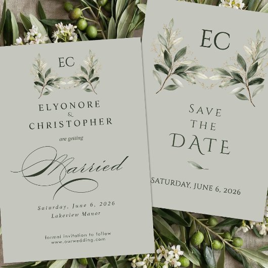 Save The Date Mariage à la Monogramme de Branche d'Olivier Vert