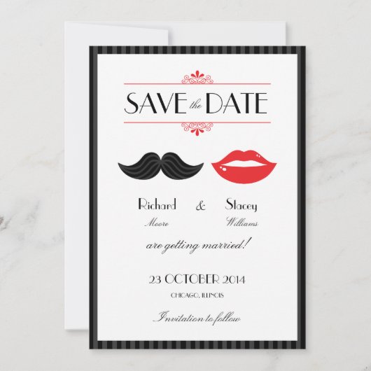 Save The Date Mariage à la Moustache & Lèvres Rouge, Noir & Blan (Devant)