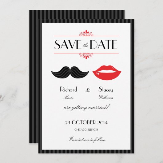 Save The Date Mariage à la Moustache & Lèvres Rouge, Noir & Blan (Devant / Derrière)