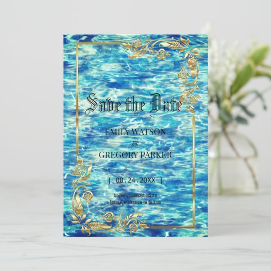 Save The Date Mariage à la piscine, cadre doré (Debout devant)