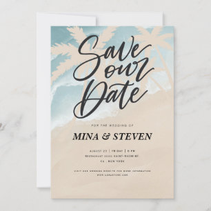 Save The Date Mariage à la plage avec des palmiers à l'aquarelle
