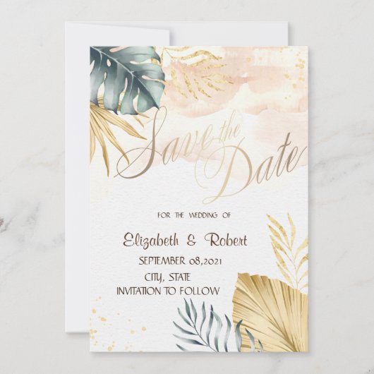Save The Date Mariage à la plage avec feuilles de palmier - Enre (Devant)