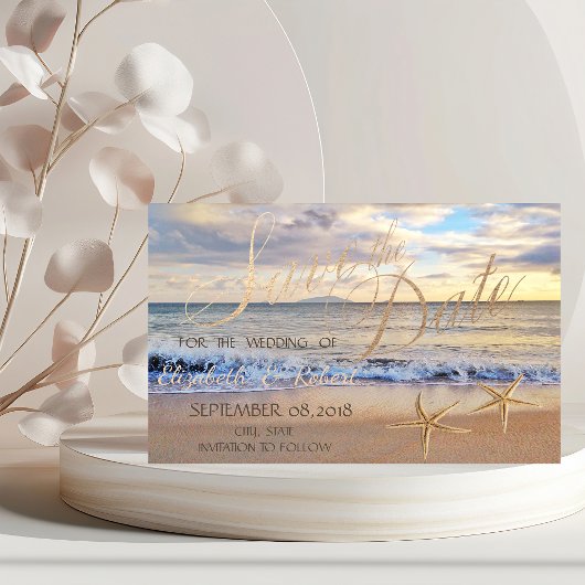 Save The Date Mariage à la plage,Coucher de soleil Coquillages