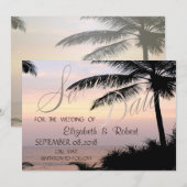 Save The Date Mariage à la plage Palmiers Coucher de soleil  Enr (Devant / Derrière)