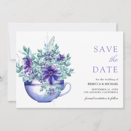 Save The Date Mariage à la tasse de thé aux anémones aquarelles  (Devant)