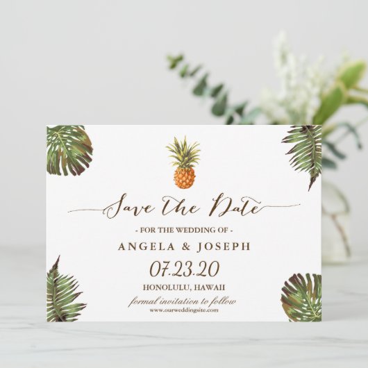 Save The Date Mariage à l'ananas Feuille tropical Enregistrer la (Debout devant)