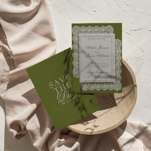 Save The Date Mariage à l'ancienne Olive Verte Broderie Vieille