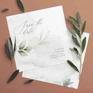 Save The Date Mariage à l'aquarelle avec feuillage et or métalli