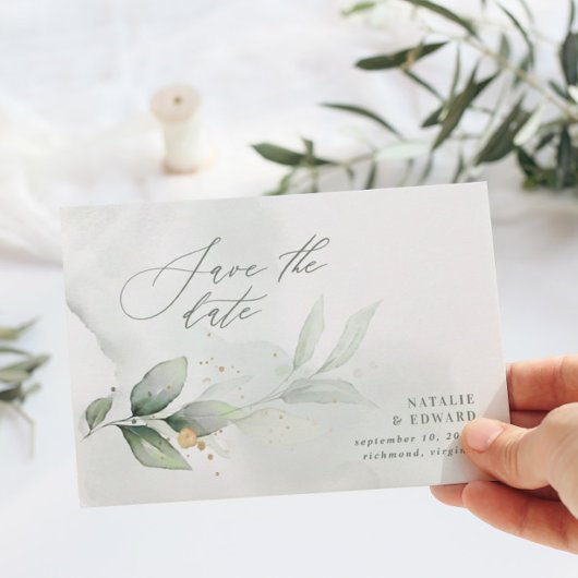 Save The Date Mariage à l'aquarelle avec feuillage et or métalli