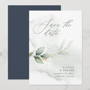 Save The Date Mariage à l'aquarelle avec feuillage et or métalli