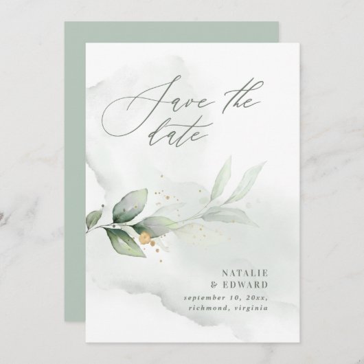 Save The Date Mariage à l'aquarelle avec feuillage et or métalli (Devant / Derrière)