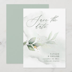 Save The Date Mariage à l'aquarelle avec feuillage et or métalli