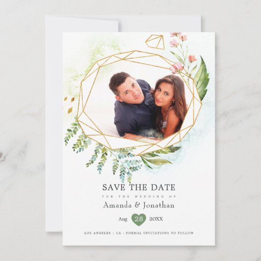 Save The Date Mariage à l'aquarelle Cristal Géométrique Verdure (Devant)